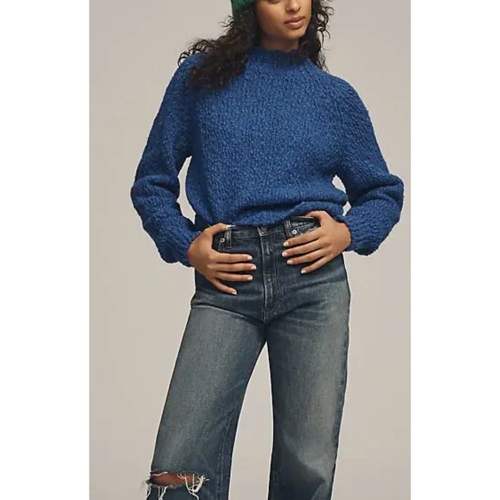 NWT Anthropologie MAEVE Textured Mock-Neck Wool Chunky Cozy Sweater Deep Blue XL